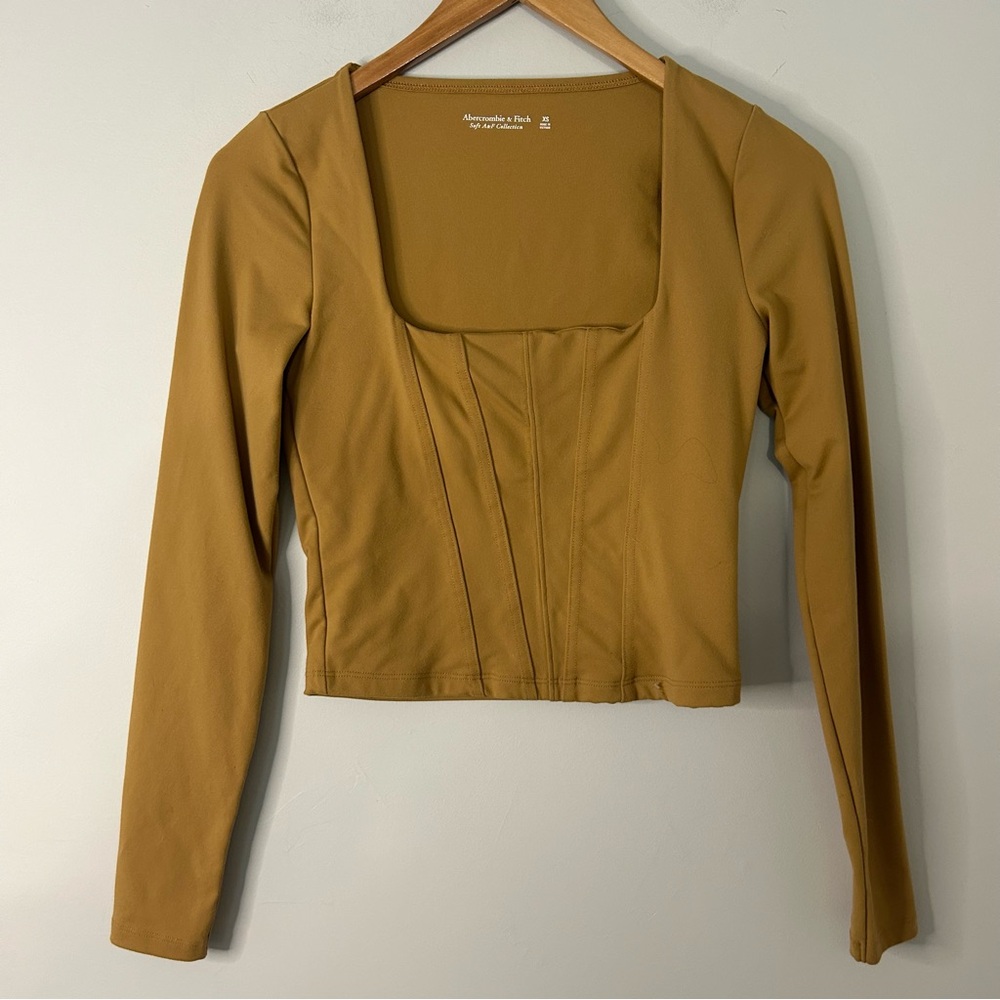Abercrombie & Fitch Yellow Brown Soft A&F Long Sleeve Square Neck Top